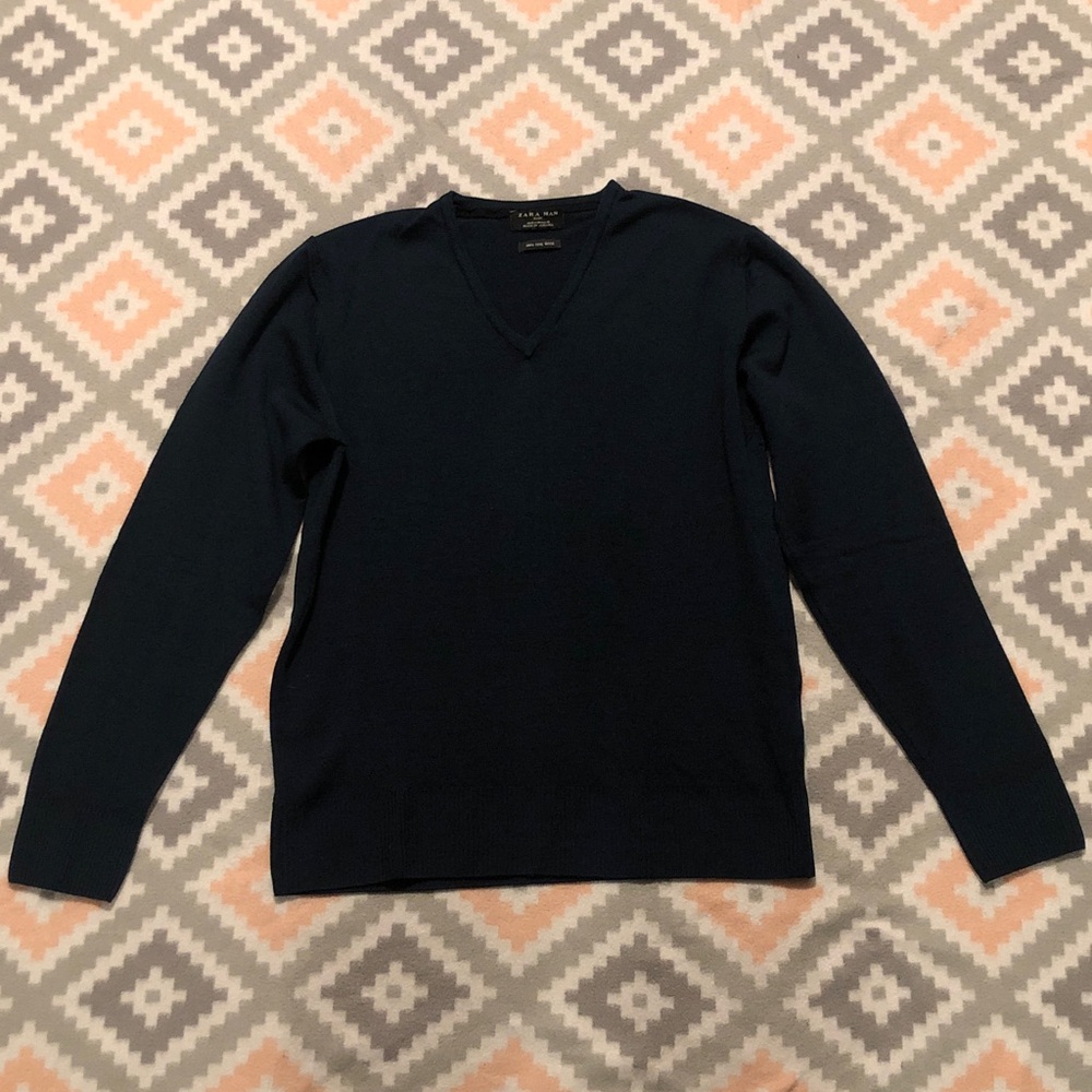 Zara Man Navy Blue 100%Wool V-Neck Sweater Size Medium